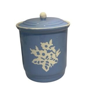 Vintage Cameoware‎ Harker Pottery Company Blue & White Cookie Jar Dainty Flower